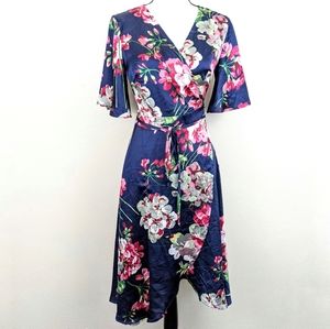 Aakaa | Silky Floral True Wrap Dress Navy & Pink